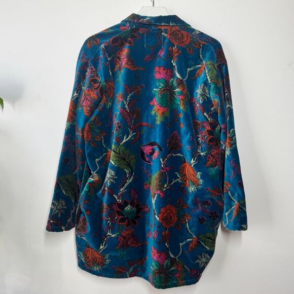Eleanor James Penny Velvet Lounge Jacket Women M/L Blue Floral Boho Fall Pocket - Picture 2 of 9